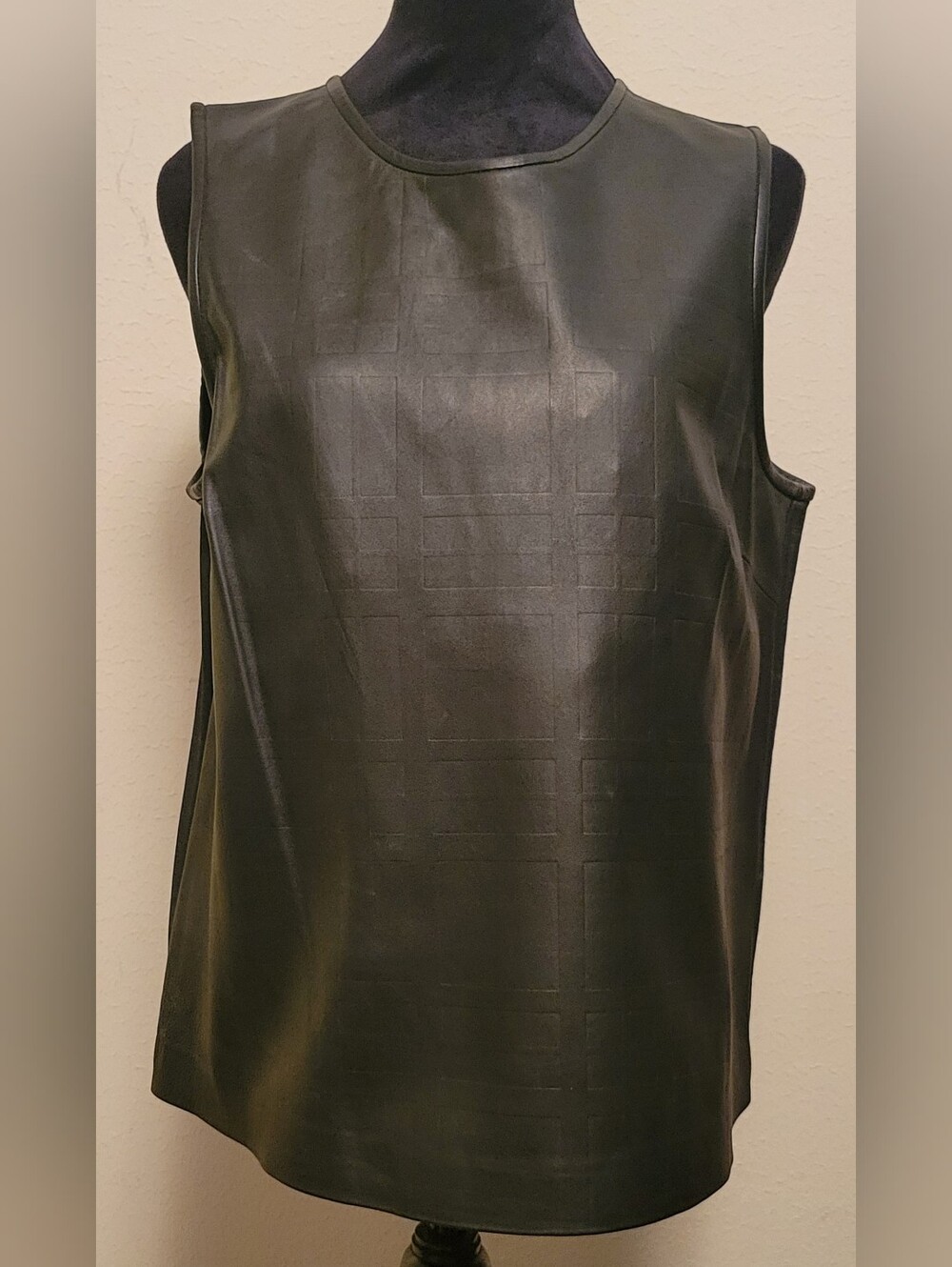 Theory Black Faux-Leather Sleeveless Grid-Emboss Tank